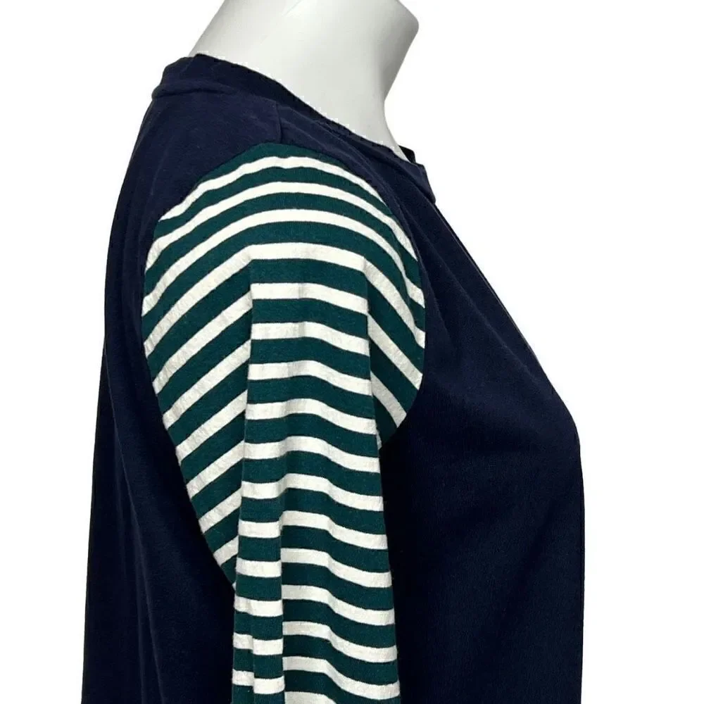 J. Crew 3/4 sleeve navy blue top with green and white striped sleeves size M